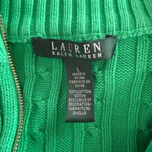 Lauren Ralph Lauren Emerald Green Cable Knit Sweater Jacket Gold Zip Size L - Picture 7 of 11